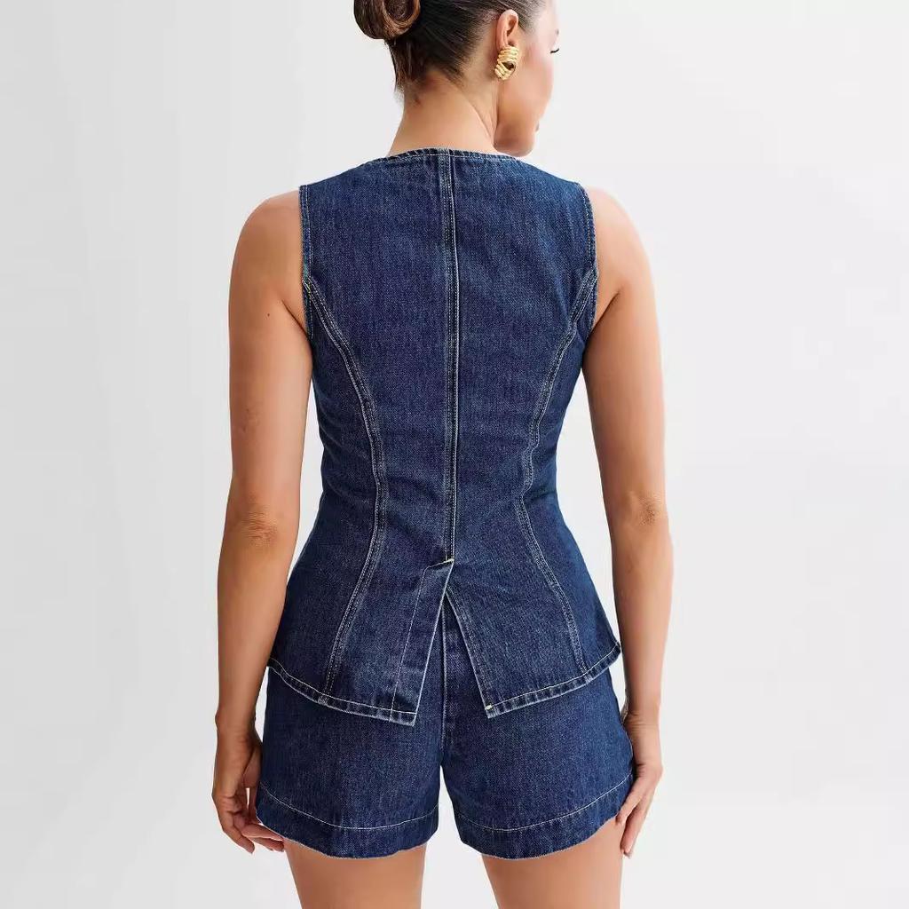 Spring/Summer Fashionable and Casual Sleeveless High - Waisted Denim Set for Women - Button - Down Sleeveless Vest with Pockets + Shorts