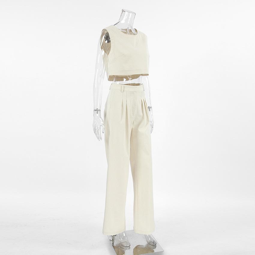 European and American street style fashion casual suit khaki cotton and linen sleeveless top trousers two-piece set summer wholesale women