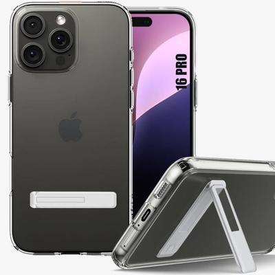 Shockproof Case for iPhone 16 Pro - Transparent TPU Protection with Silver Stand
