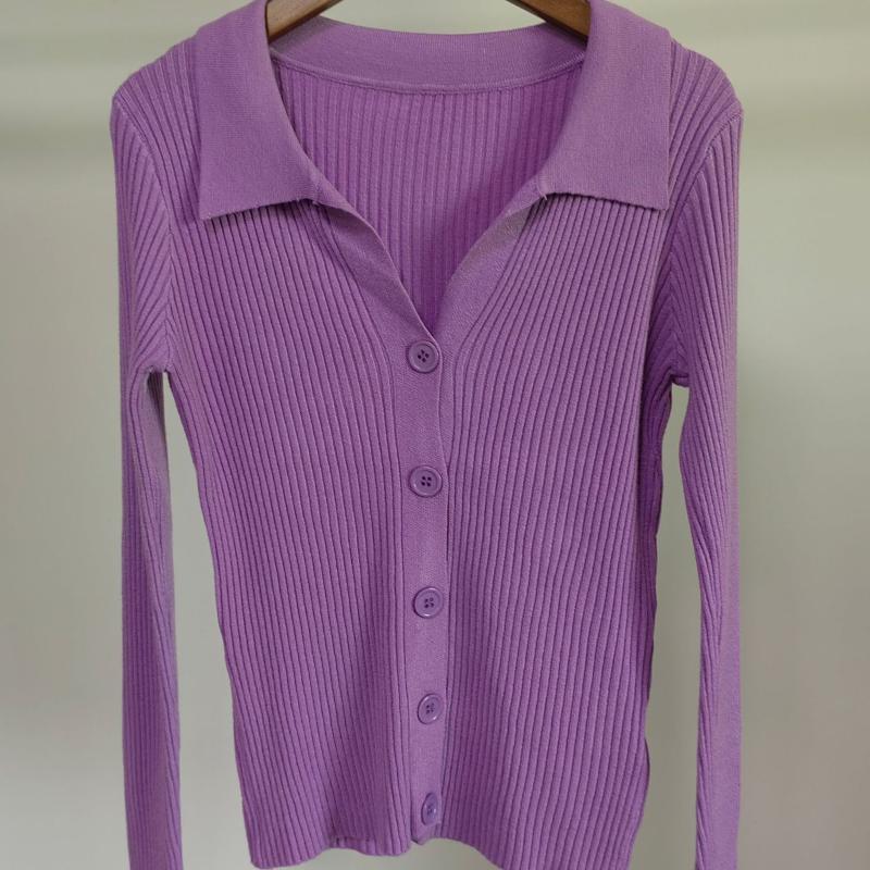 

Женский элегантный сексуальный дышащий вязаный кардиган с воротником и V-образным вырезом, длинным рукавом, на пуговицах, тонкий легкий свитер поло, мягкий кардиган сверху one size фиолетовый