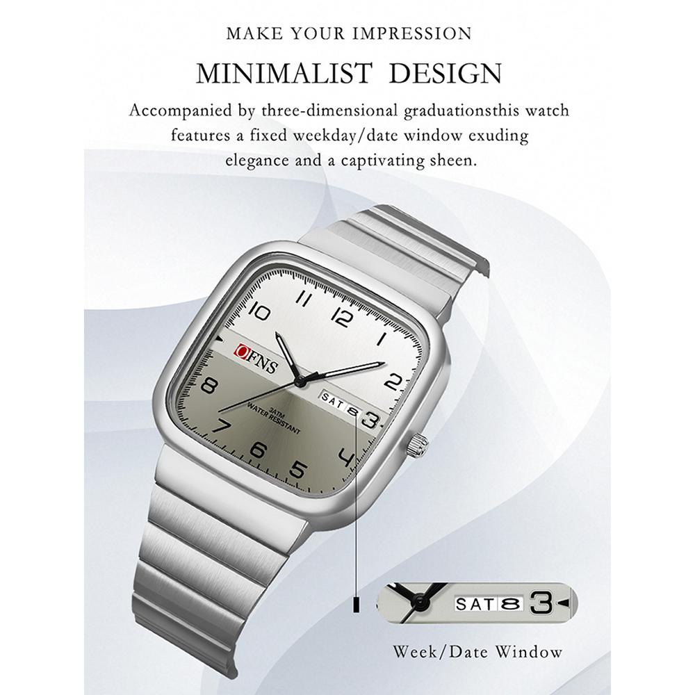 Wristwatch Silver Alloy Square Numeral Dial Quartz Watch Men's Business Casual Waterproof Watches