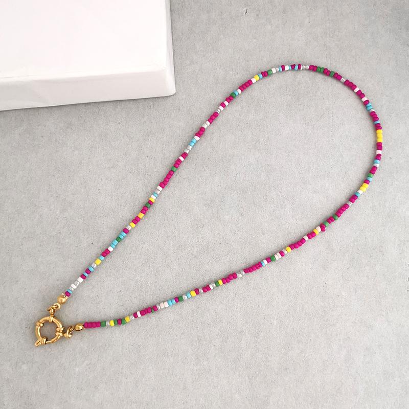 Imitation Pearl Necklace Women Choker Seed Beads Rainbow Stainless Steel Clasp Sailor Buckle Base Chain Gold Color Boho