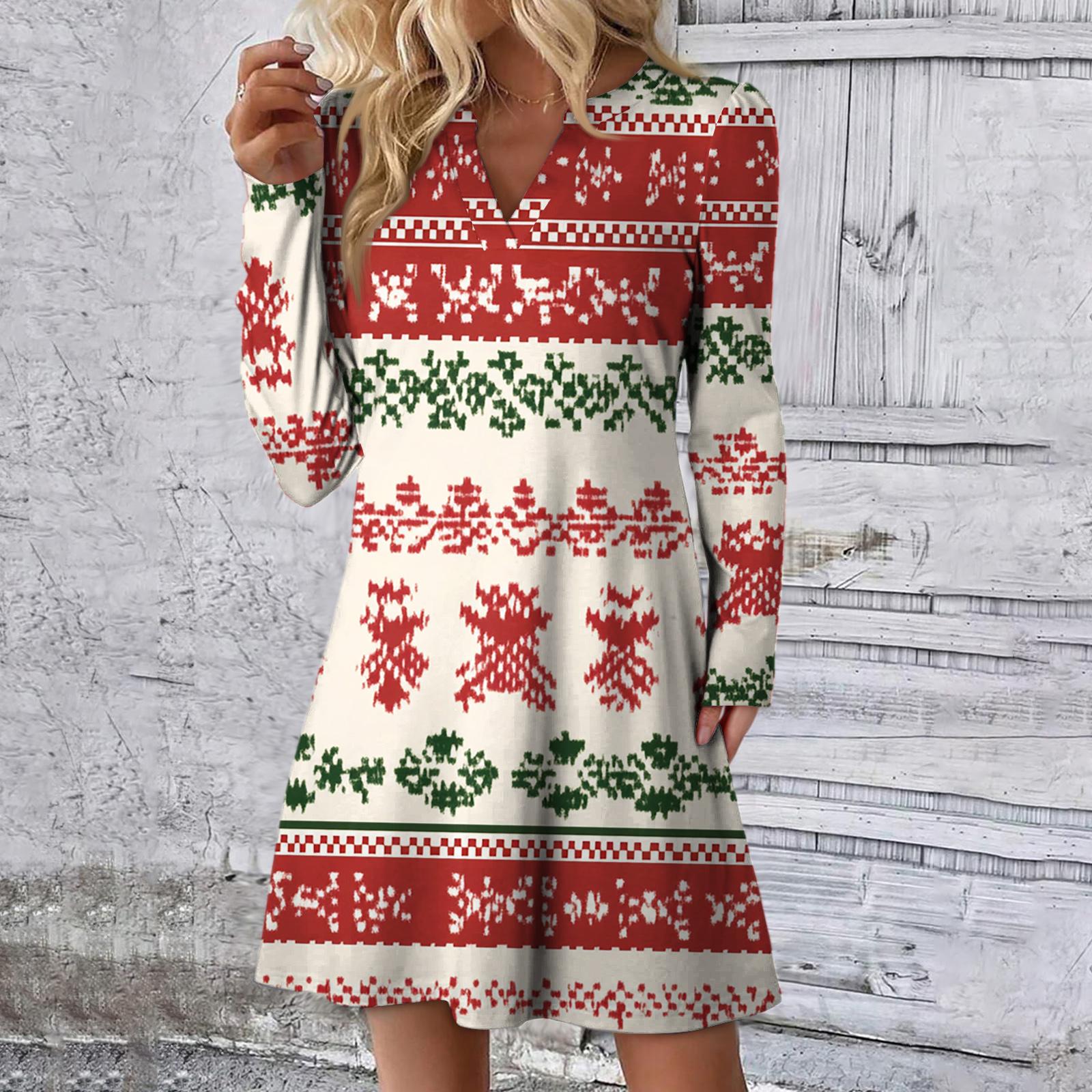 

Женское рождественское платье с принтом, свободное, с V-образным вырезом, повседневное платье с длинными рукавами XXL