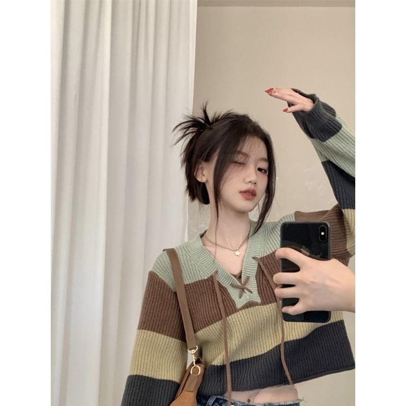 Loose Fit Short Knit Sweater Women V Neck Color Block Tie Detail Lazy Style Autumn Winter Casual Top