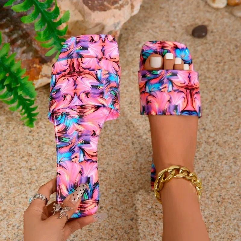 Fashion Ladies Shoes 2024 New Open Toe Square Toe Women's Slippers Summer Mixed Colors Outdoor Casual Beach Flat Large Size Slippers