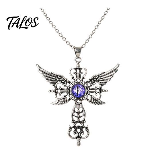 Personalized Dark Style Accessory Devil Eye Pendant Necklace, Gothic Winged Religious Charm Detailed Metal Engraving Statement Vintage Punk