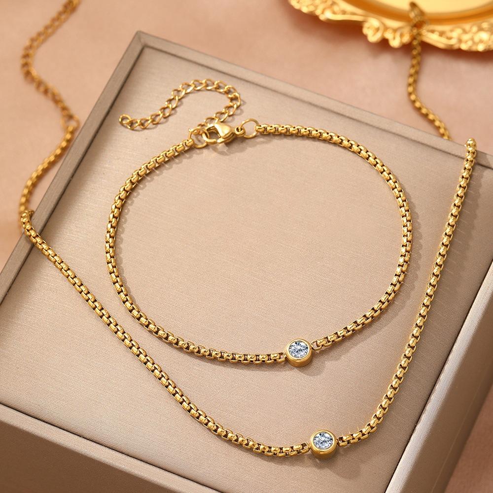 2pcs Set Minimalist Personality Stainless Steel Round Zircon Pendant Necklace Bracelet Set Women's Trendy Commuting Jewelry Sets