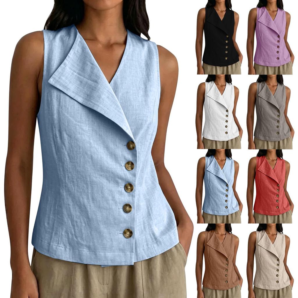 Blusa casual de lino para mujer sin mangas, con botones al frente, cuello en V, ligera, de verano, con cuello asimétrico