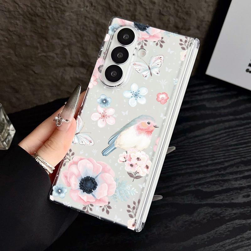 Magnetic Adsorption Phone Case For Samsung Galaxy Z Fold 7 6 5 Fold7 Fold6 Fold5 5G Retro Flowers Pattern Clear Shockproof Cover