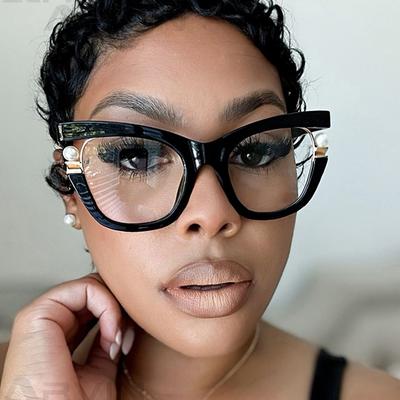 Clear Blue Ray Blocking Glasses Large Eyeglasses Spectacle Frame Frame Ladies Trendy Design Pearl Spectacle Frame Trend Circular Eyewear