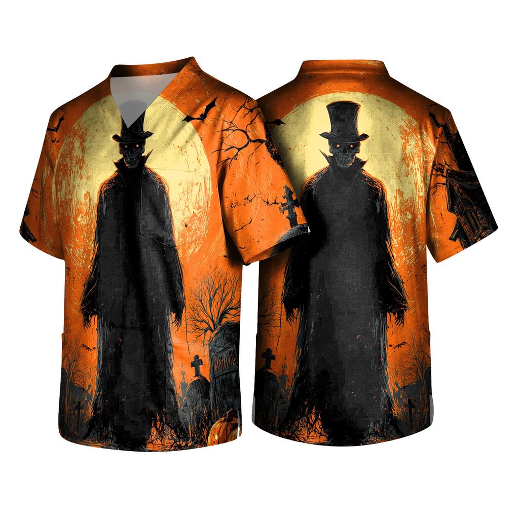 Men V Neck Printed Scrub Top with Pockets Short Sleeve Halloween Themed Comfortable Fit Lightweight Fabric