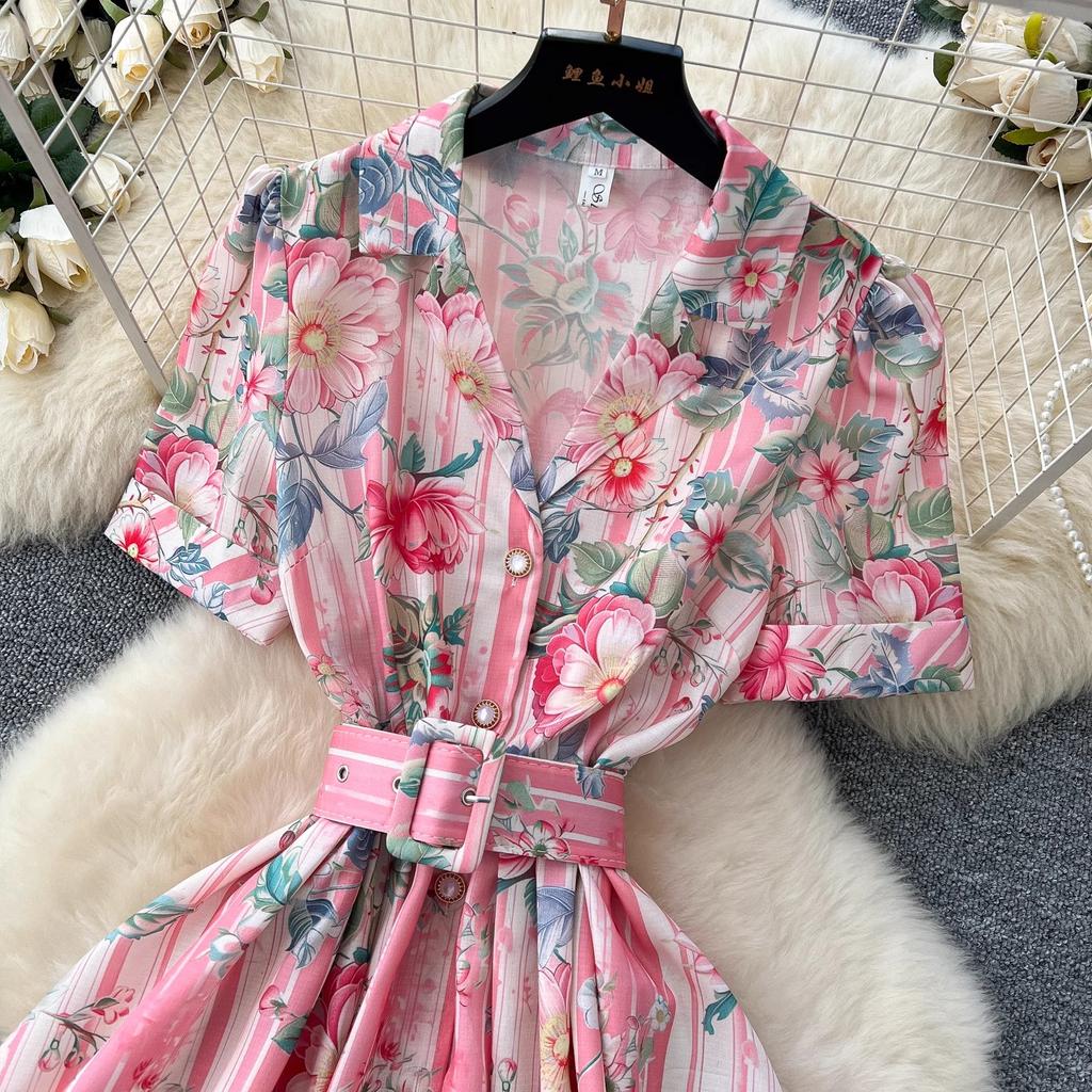 Jaro Léto Luxusní Květinové Boho Bohémské Šaty Ženy Vykrojený Oblek Jednořadé Krátký Rukáv Maxi Dlouhé Společenské Šaty