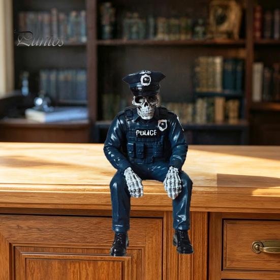 Dark Style Interior Decor Halloween Skeleton Ornament, Policeman/Military Resin Gothic Skull Figurine, Creative Crafts Sitting Pose Sculpture