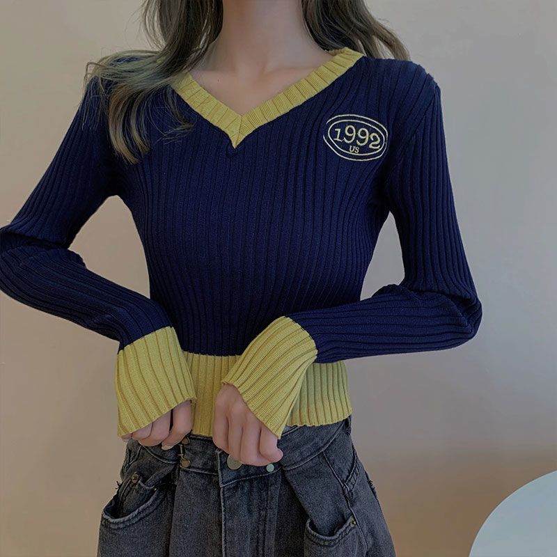 Women's V-neck Sweater Spring Autumn Long-sleeved Knitted Cropped Top Sweater Color-block Pullover Jumper