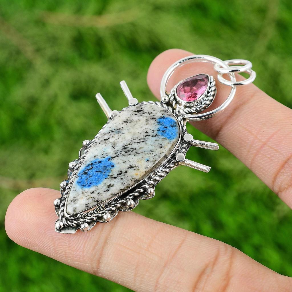 925 Silver K2 Jasper Gemstone Pink Tourmaline Mother Bezel Boho Pendant Jewelry