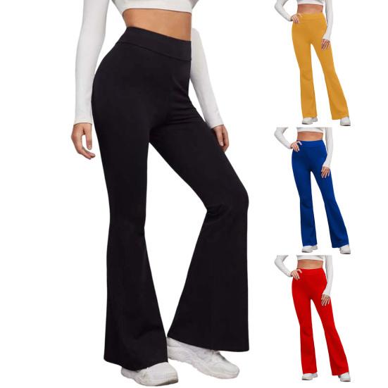 High-Waist Elastic Waistband Control Tummy Lady Trousers Women Solid Color Sports Flared Pants Streetwear