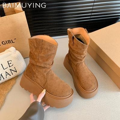 Suede Platform Women Ankle Boots Designer Mid Heels Shoes Winter New Brand 2025 Trend Walking Non-slip Winter Botas De Mujer