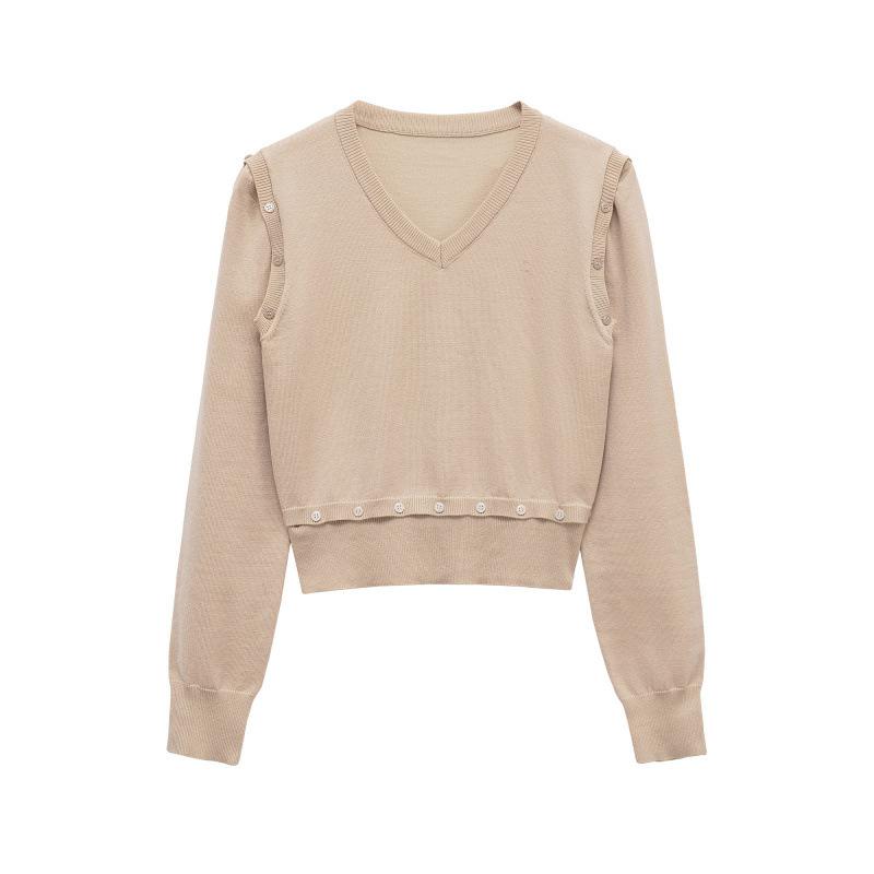 European and American Style New Women's Fashionable Versatile Button Decoration Detachable Long-sleeve V-neck Knit Sweater