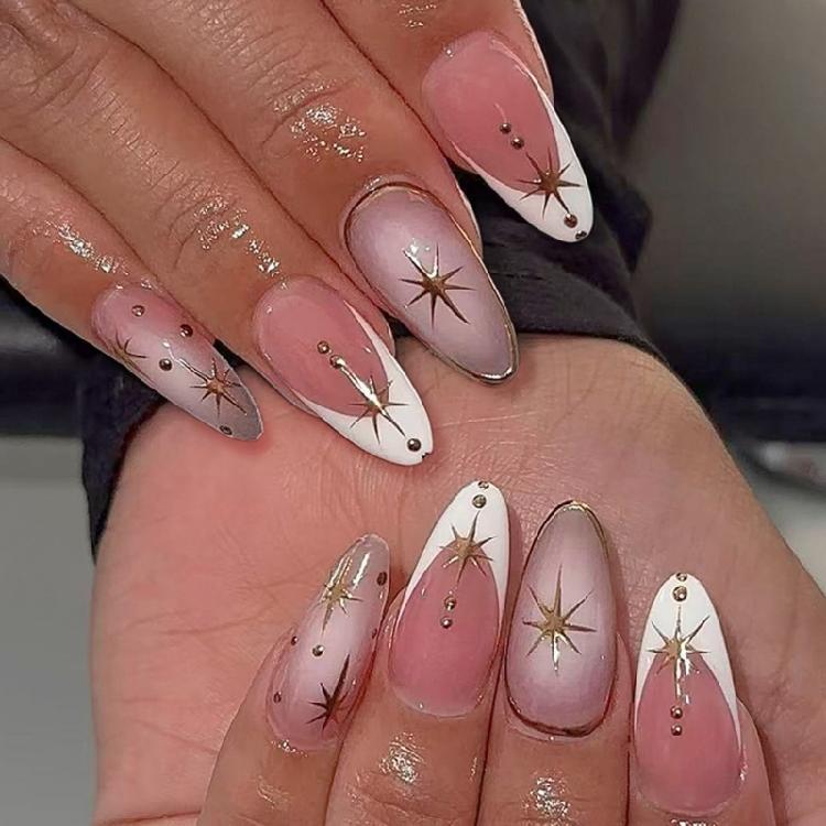 

Sophisticated Press On Nail With Star Designs Metallic Border ABS False Nail For Parties Formal Event 1