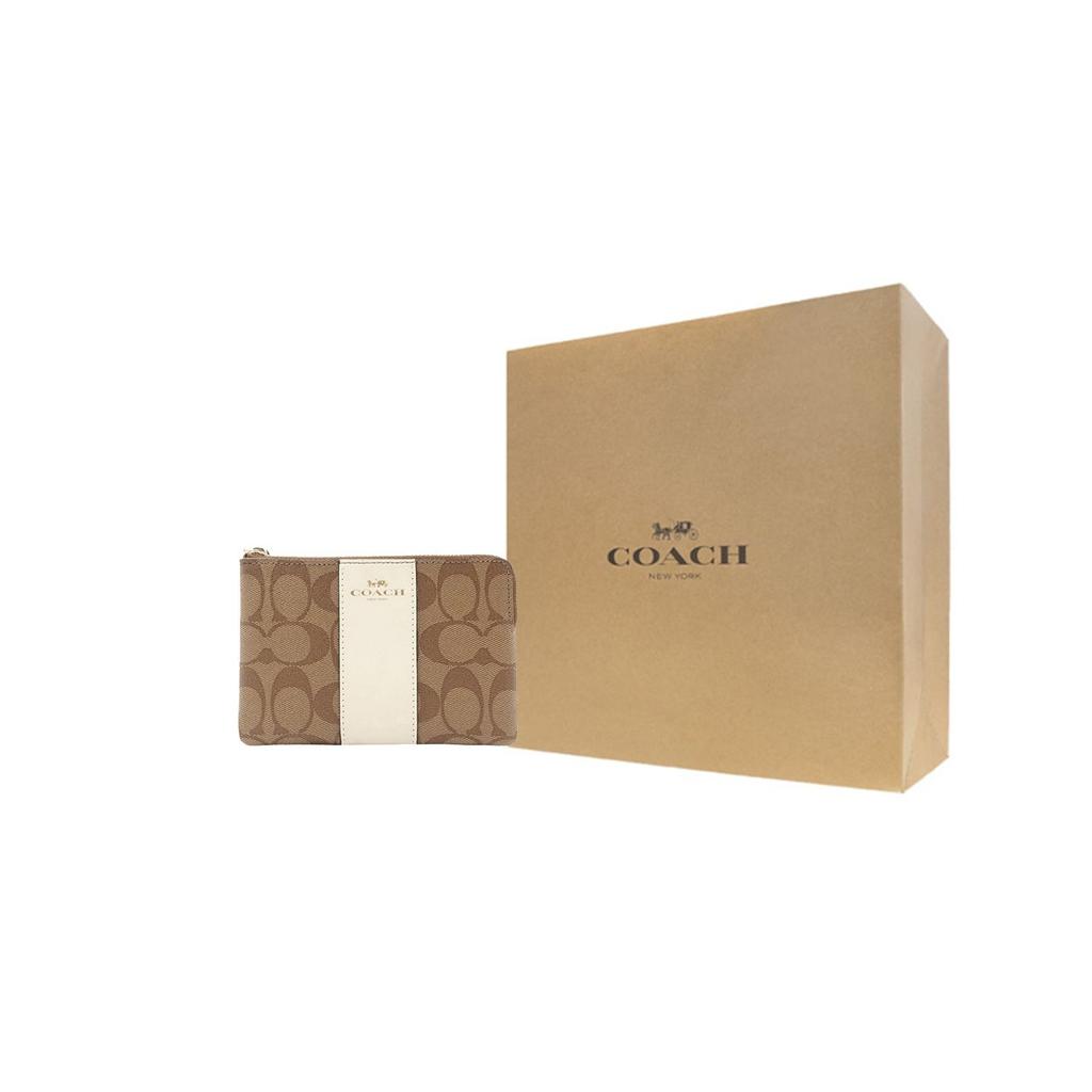 Coach Corner Zip 16 Monogram Leather Clutch Wristlet Women Clutch Khaki White 58035-IMDJ8