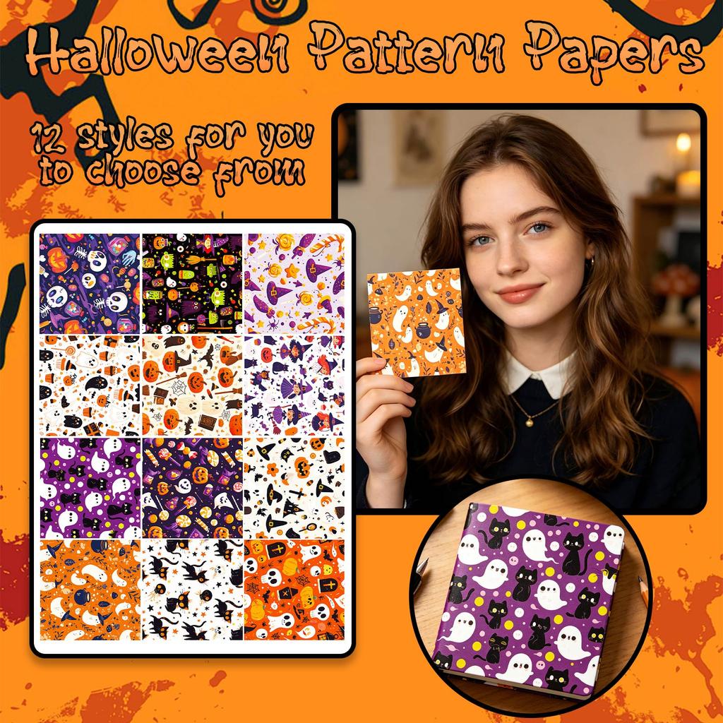 Halloween Pattern Craft Paper Pack 12 Sheets Printed Scrapbooking Material for DIY Art Projects Cards Decorations Wrapping