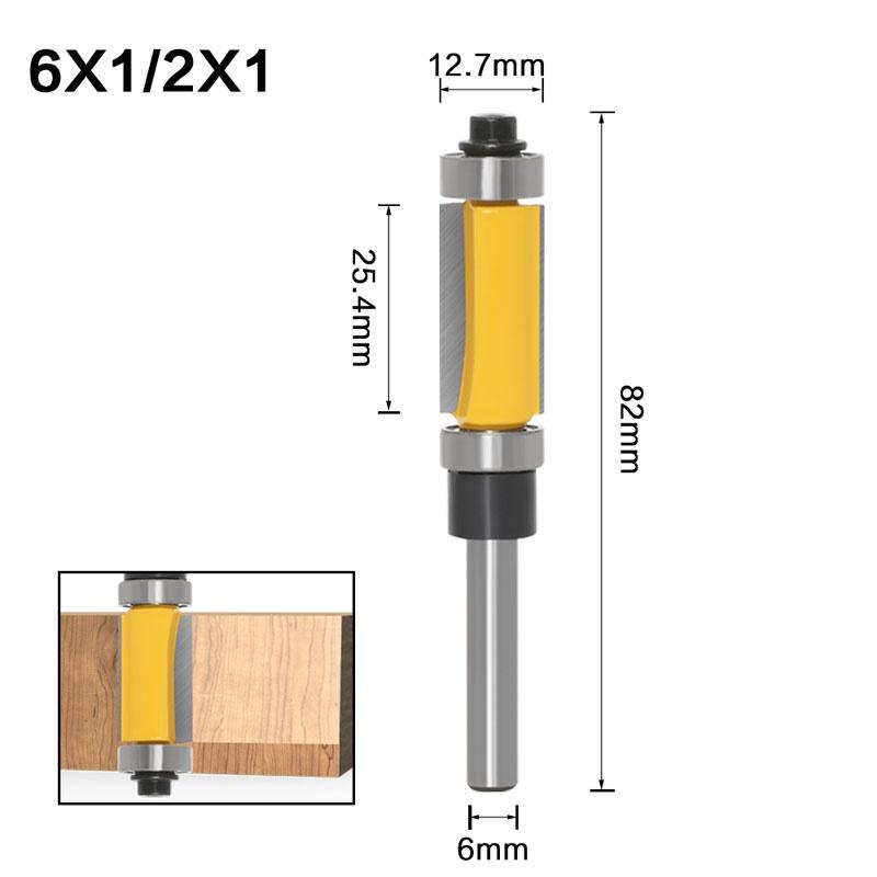 1/2 Stück 6 mm 1/4-Zoll-Schaft-Schablonen-/Trim-Fräser mit 2 Zoll langen Fräsern oben und unten, Kugellager, Holzbearbeitungswerkzeug