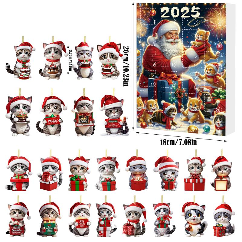 Kätzchen Adventskalender 2025 2D Acryl Katzenanhänger Weihnachtsbaumdeko 24 Tage Weihnachten Countdown Kalender Geschenk Für Katzenliebhaber