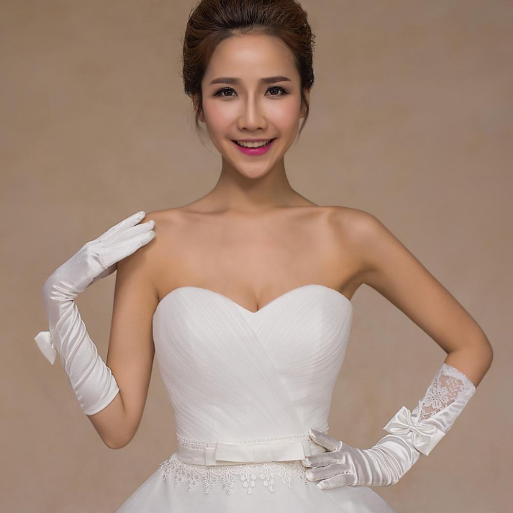 Accessories Dinner Dress Party Autumn Bow Women Satin Gloves Lace Long Gloves Etiquette Mittens