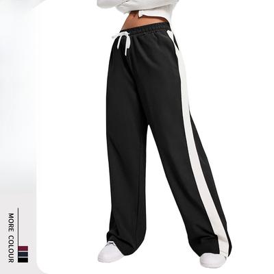 Contrasting Colour Block Elastic Waist Wide-leg Pants Casual Straight-leg Pants for Women Wide-leg