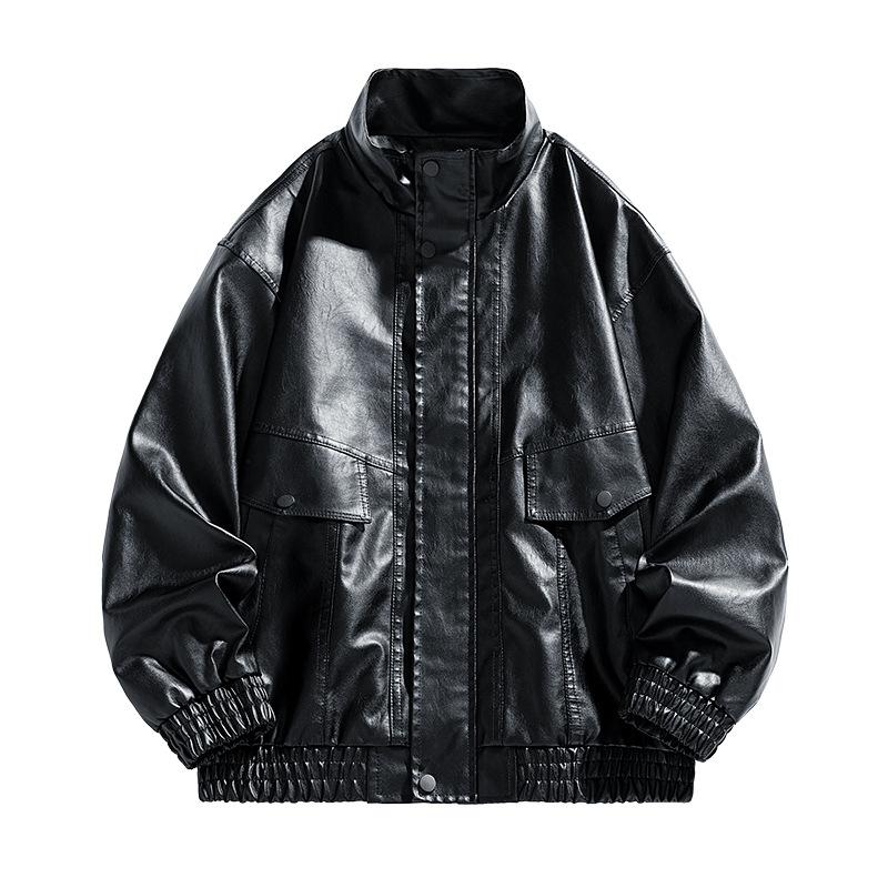 New Fattened Plus Size Leather Jacket Men's PU Leather Tooling Large Size Leather Jacket Men's Stand-Up Collar Locomotive Douyin Cross