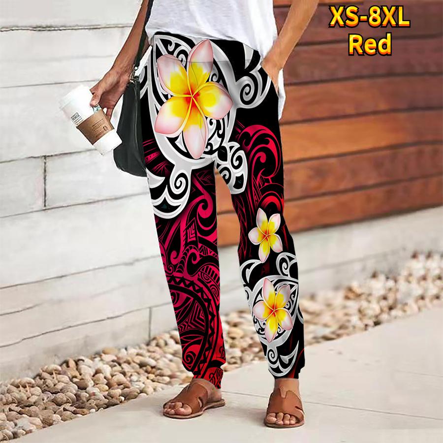 Women Flower Printing Pants Lace Up Elastic Waist Loose  Trousers Casual Long Pants Trousers with Pockets