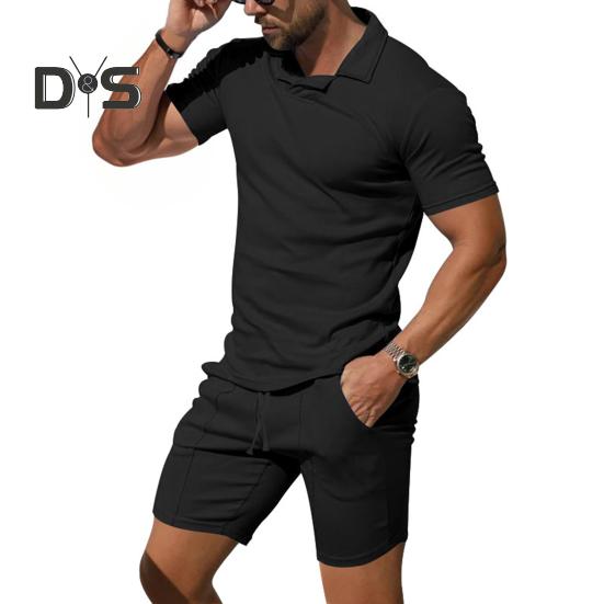 2 Teile/satz Männer Outfit Revers Kurzarm Pullover Tops Elastische Kordelzug Taille Taschen Shorts Set Einfarbig Sportswear