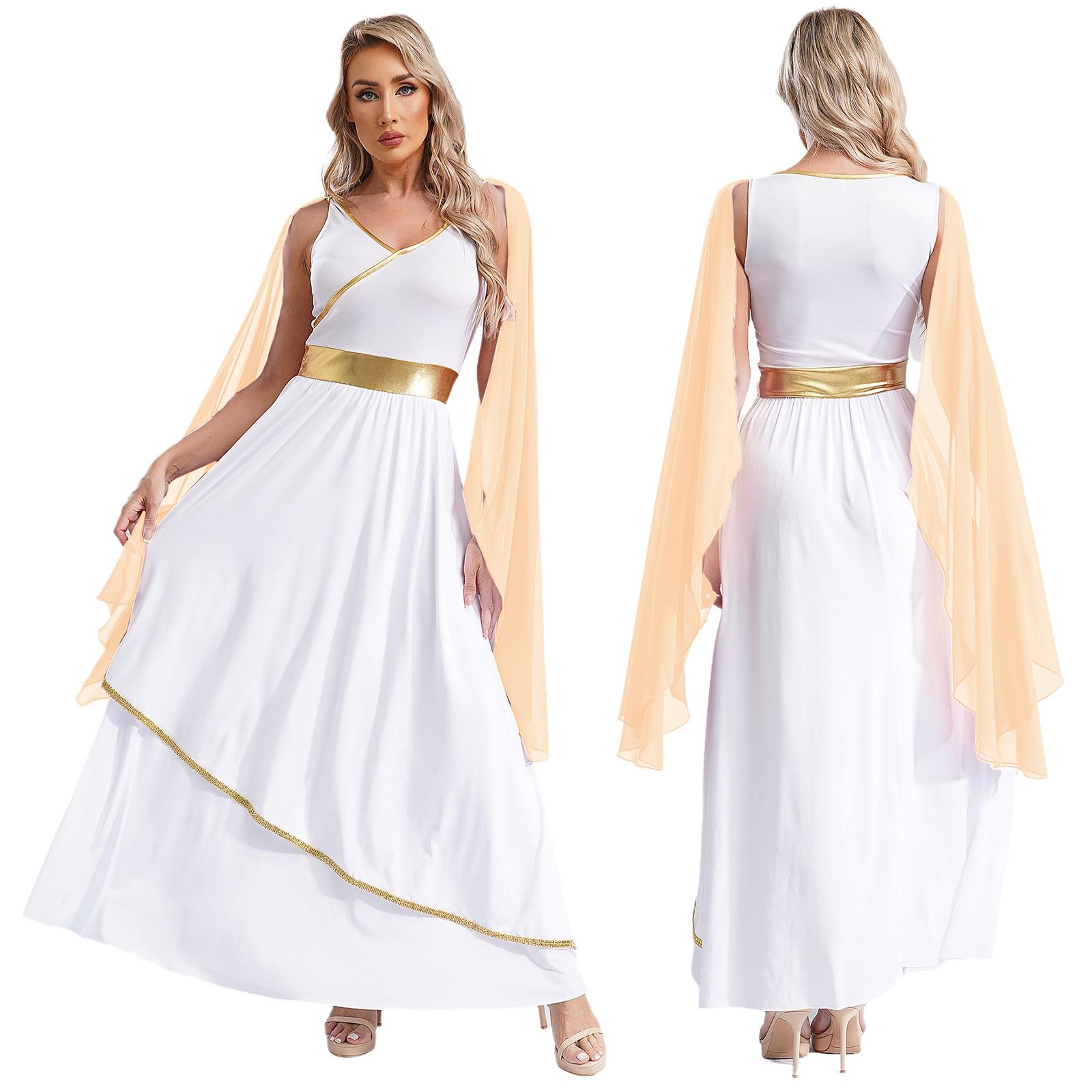 Dames Oud-Griekse Toga Godinnen Kostuums Feest Halloween V-hals Mouwloos Gouden Bies Toga Griekenland Romeinse Koningin Cosplay Jurk L