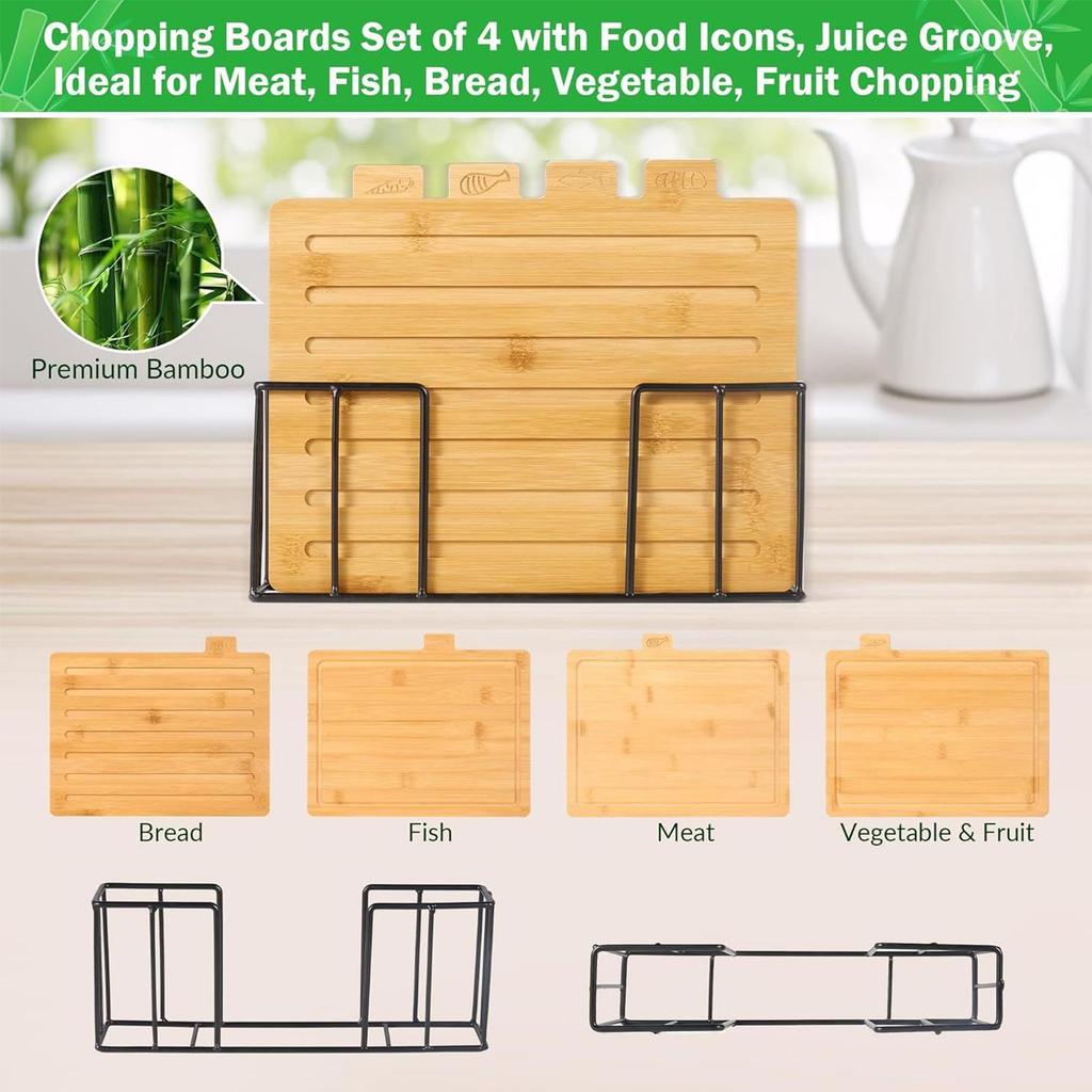 Cutting Boards with Holder Sets for Kitchen Wood Chopping Block for Meat Fish Vegetables Food Chopping Wood Boards Set