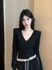 Spring 2026 Chic Spicy Girl Deep V-neck Long Sleeve Irregular Slim-fit Cropped Top for Women