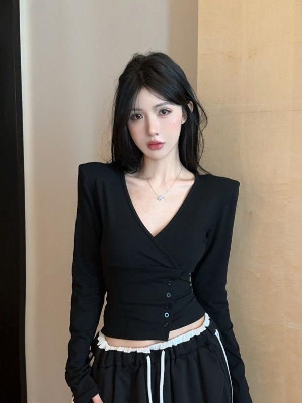 Spring 2026 Chic Spicy Girl Deep V-neck Long Sleeve Irregular Slim-fit Cropped Top for Women
