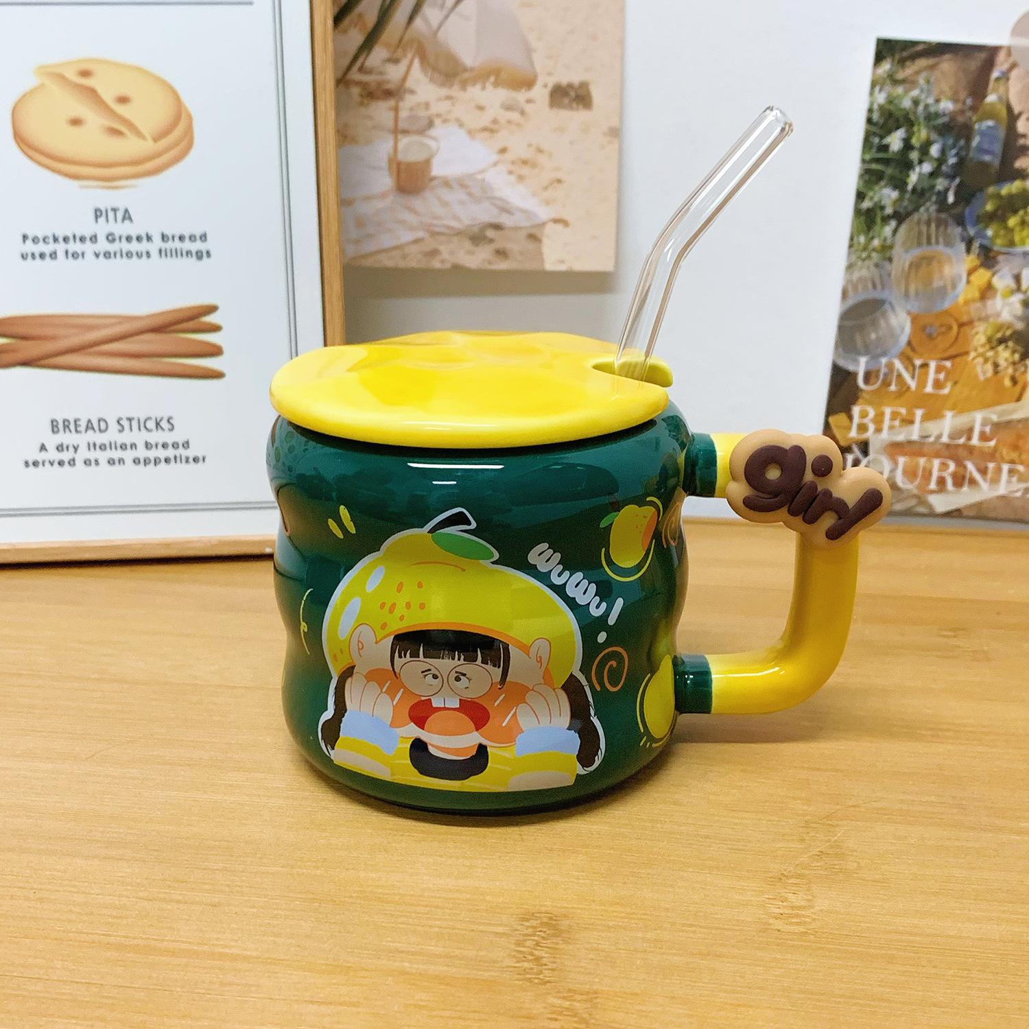 

Кружка с крышкой и соломинкой Чашка керамическая Высокая ценность Чашка для воды для девочек Новый дом Кофейная чашка для завтрака 301-400ml