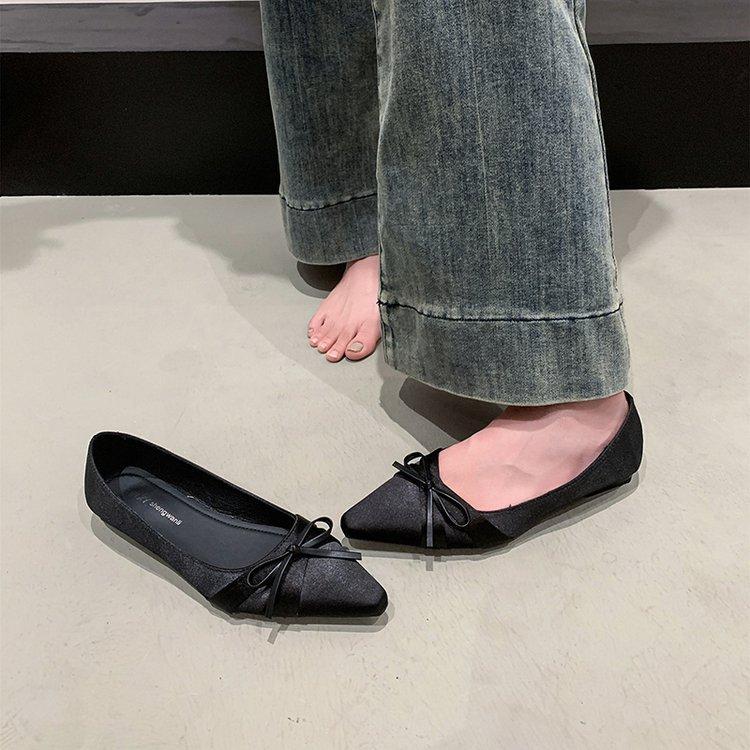 

[youshilai] Spring and Autumn French shallow mouth laden shoes women s satin bow Mary Jane shoes pointed single shoes women 35