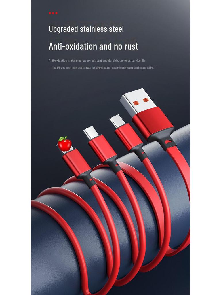 66W Fast-Charging Retractable 3-in-1 Data Cable with Storage & Electroplated Type-C