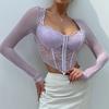 Square Neck Lace See Through Short Shirt Sexy Mesh Fishbone Bra Lace Blouse Women V-neck Spicy Girl Tops For Woman 30375