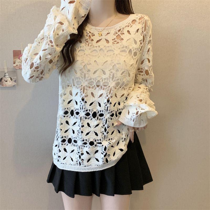 Plus Size Round Neck Hollow-out Hook Flower Gentle and Comfortable Long Sleeves Knitwear Blouse Air Conditioning Sun Protection Clothing for Women