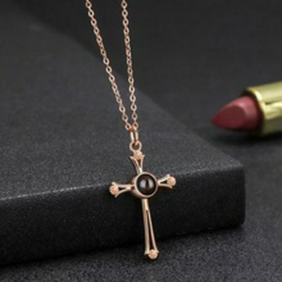 Серебряный кулон-крест S925  Я люблю тебя  на 100 языках с проекцией и гравировкой на цепочке для ключиц розового золота