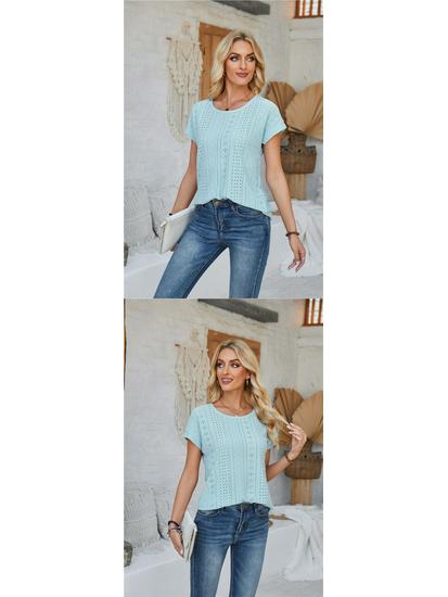 Spring & Summer Women's Loose Round Neck Eyelet Lace T-shirt