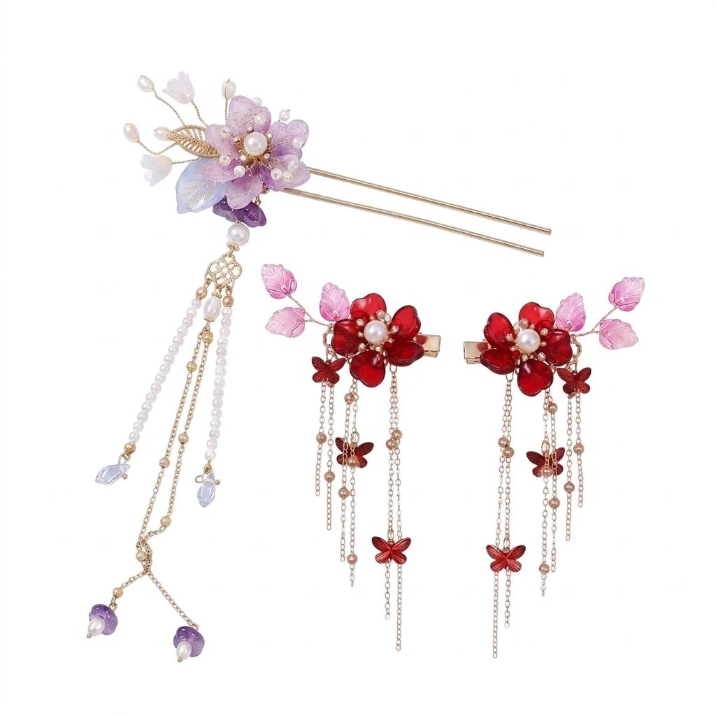 Flower Hairpin With Butterfly Crystal Hair Clip Set Traditional Chinese Style Elegant Ornament For Hanfu Wedding And Festival