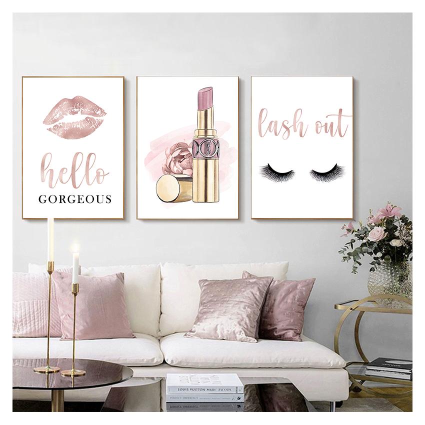 Posters and Prints Hello Gorgeous Sign Rose Gold Canvas Painting Girls Gifts Wall Art Decor Fashion Eyelashes Lipstick Makeup
