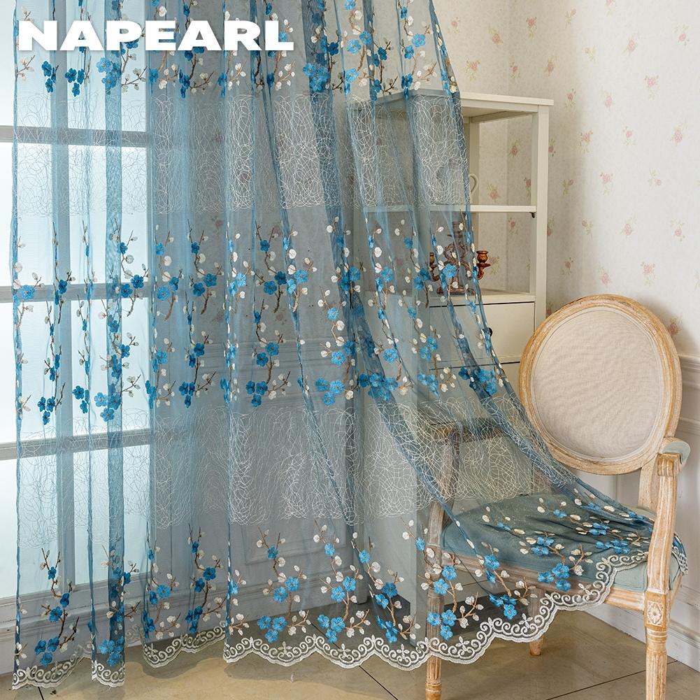 1PC NAPEARL European Retro Embroidered Sheer Curtain, Plum Blossom Pattern Transparent Curtain for Living Room Bedroom Balcony Window Home Decor