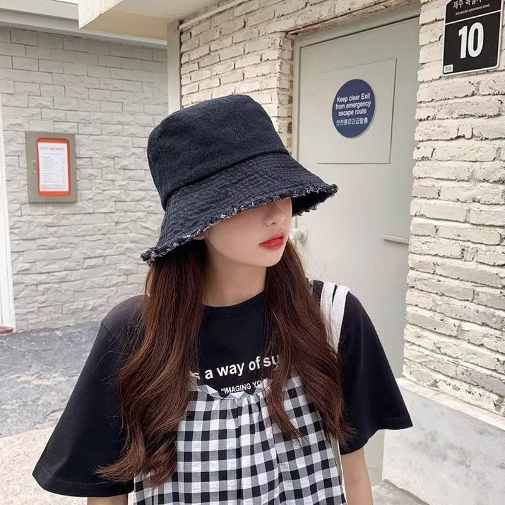 Tassel Washed Denim Bucket Hat Wide Brim Summer Sun Hat Simple Denim Fisherman Hat  Outdoor