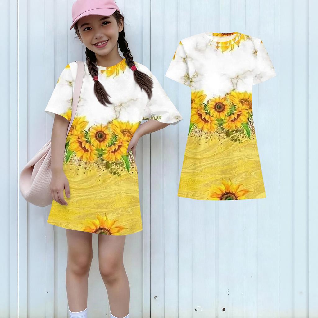 Girls Print Casual Dress Kids Loose Round Neck Short Sleeve Thin Sundress