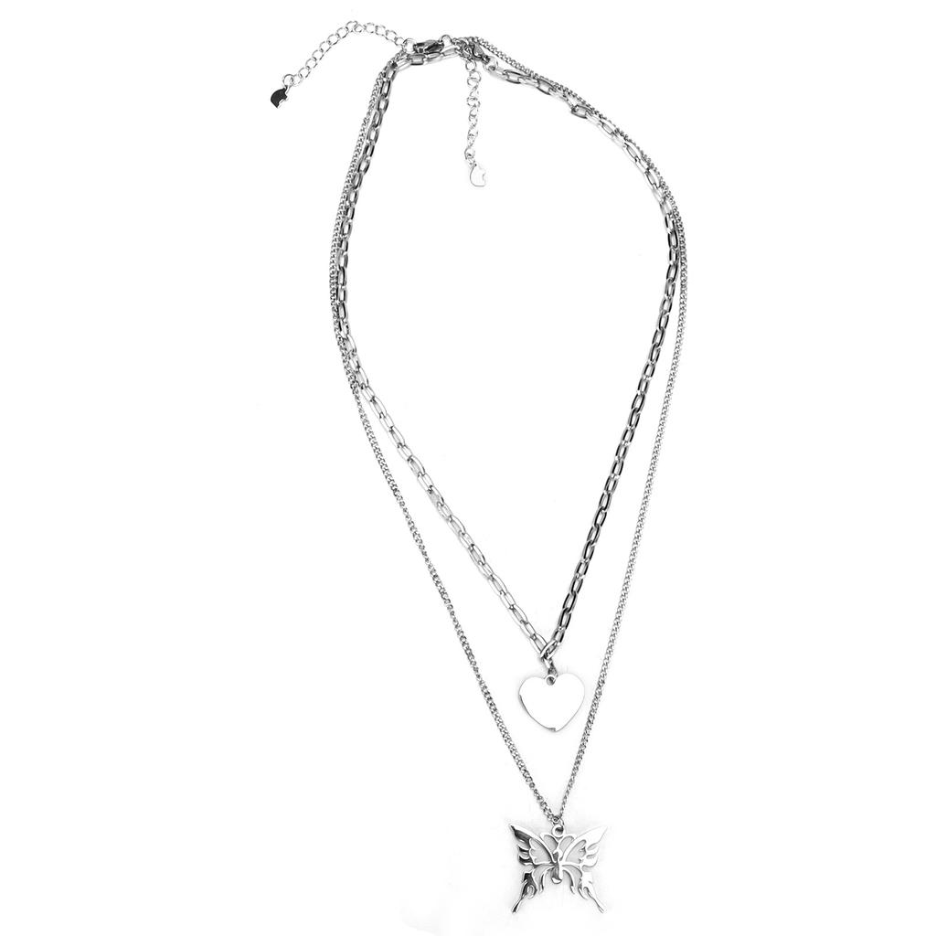 2Pcs Clavicle Necklaces Stainless Steel Hip Hop Style Chains Accessories with Heart Butterfly Pendants