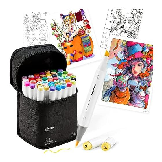 Ohuhu Marker Pen Brush Type 48 Colors 49 Pieces Illustration Brush/Bold Illustration Marker with 1 Blender Pen Honolulu Series